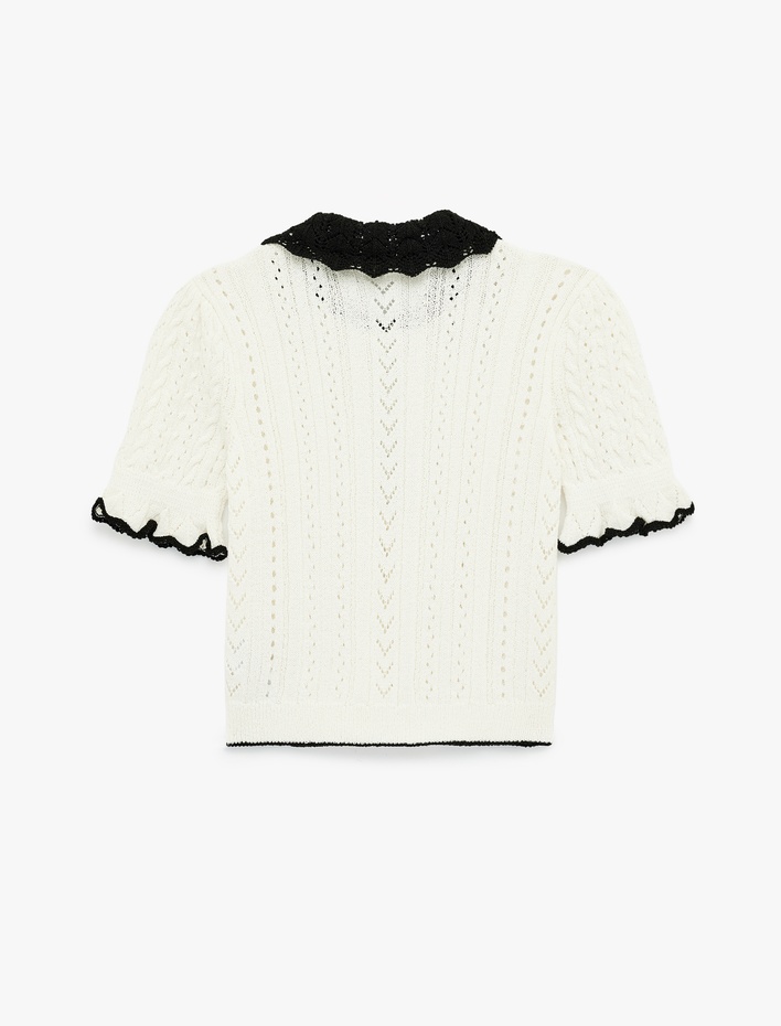  Fırfırlı Ajurlu Kısa Kollu Bağcıklı Bebe Yaka Triko Kazak