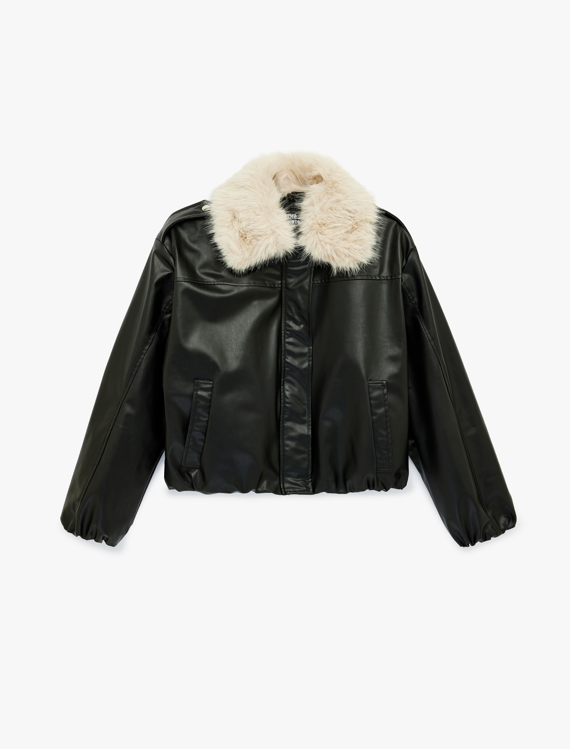   Fermuarlı Cepli Çıkarılabilir Suni Kürk Yaka Deri Görünümlü Crop Ceket