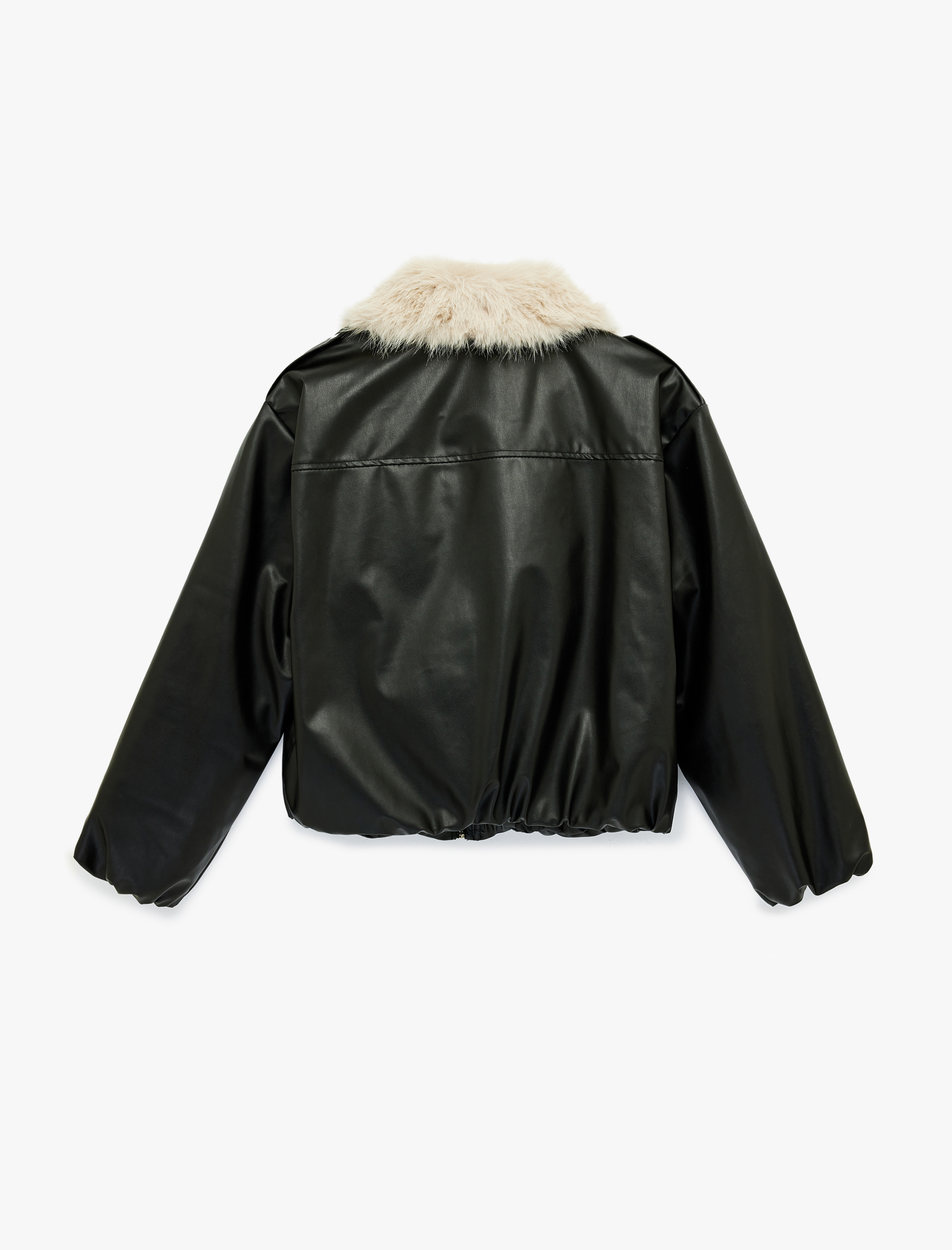   Fermuarlı Cepli Çıkarılabilir Suni Kürk Yaka Deri Görünümlü Crop Ceket