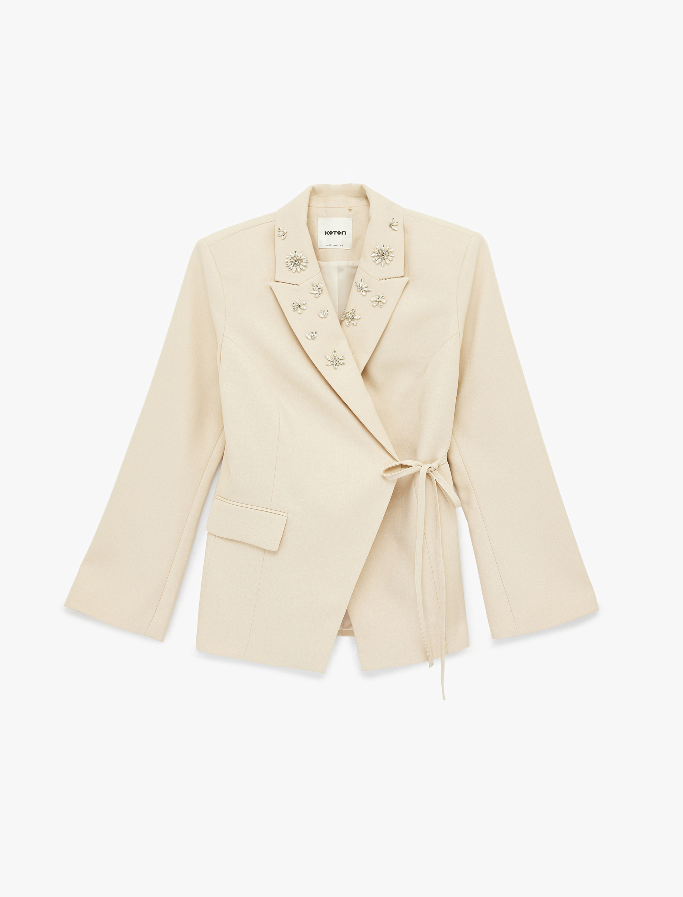   Uzun Kollu Cepli Bağlama Detaylı Taşlı Blazer Ceket