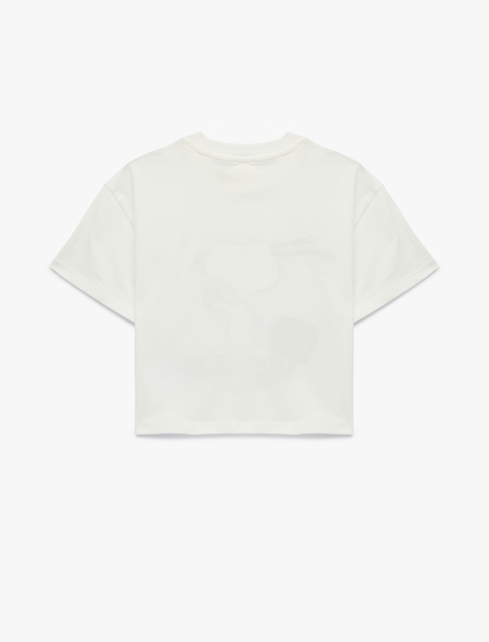 Kız Çocuk Pamuklu Bisiklet Yaka Snoopy Baskılı Kısa Kollu Crop Tişört