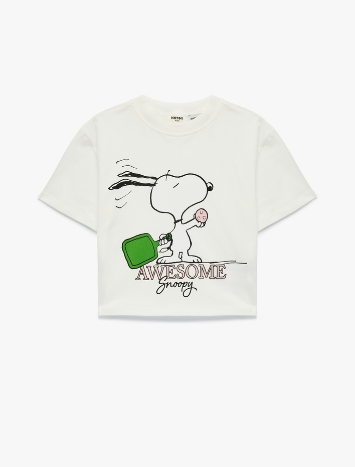 Kız Çocuk Pamuklu Bisiklet Yaka Snoopy Baskılı Kısa Kollu Crop Tişört