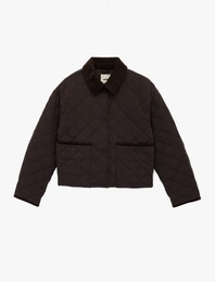 Düğmeli Uzun Kollu Kadife Dik Yaka Cepli Kapitone Mont