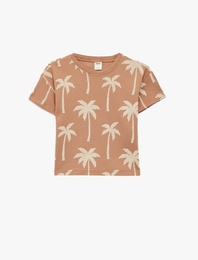 Kısa Kollu Bisiklet Yaka Palmiye Baskılı Pamuklu Oversize Tişört