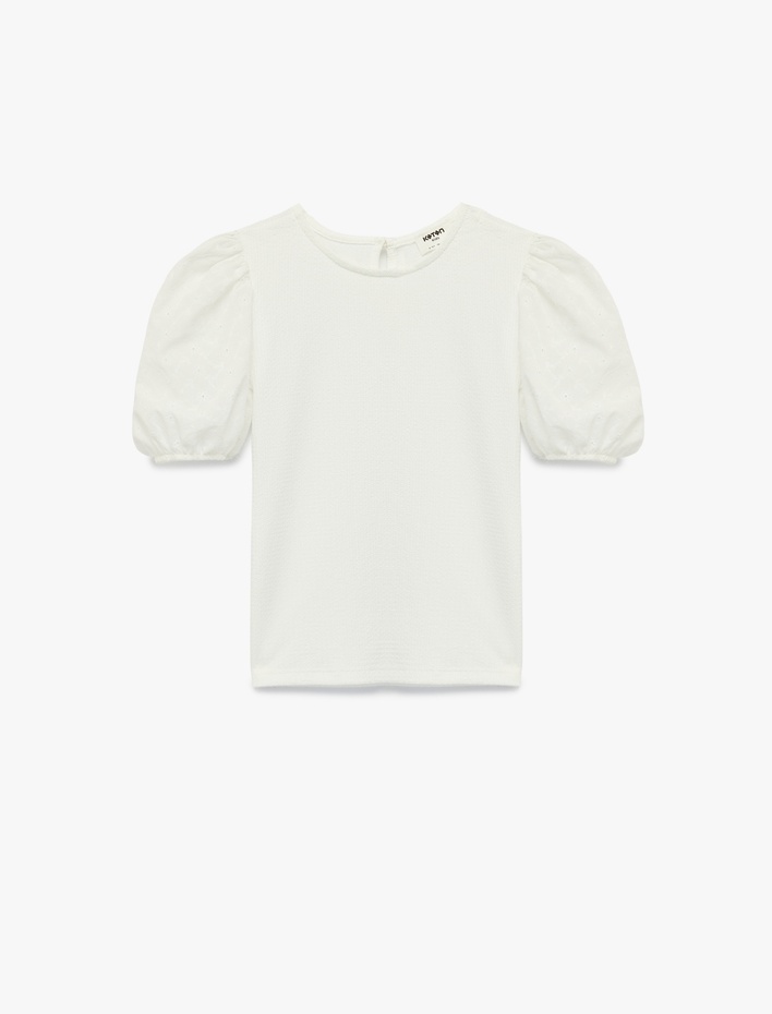 Kız Çocuk Brodeli Rahat Kesim Bisiklet Yaka Balon Kollu Bluz