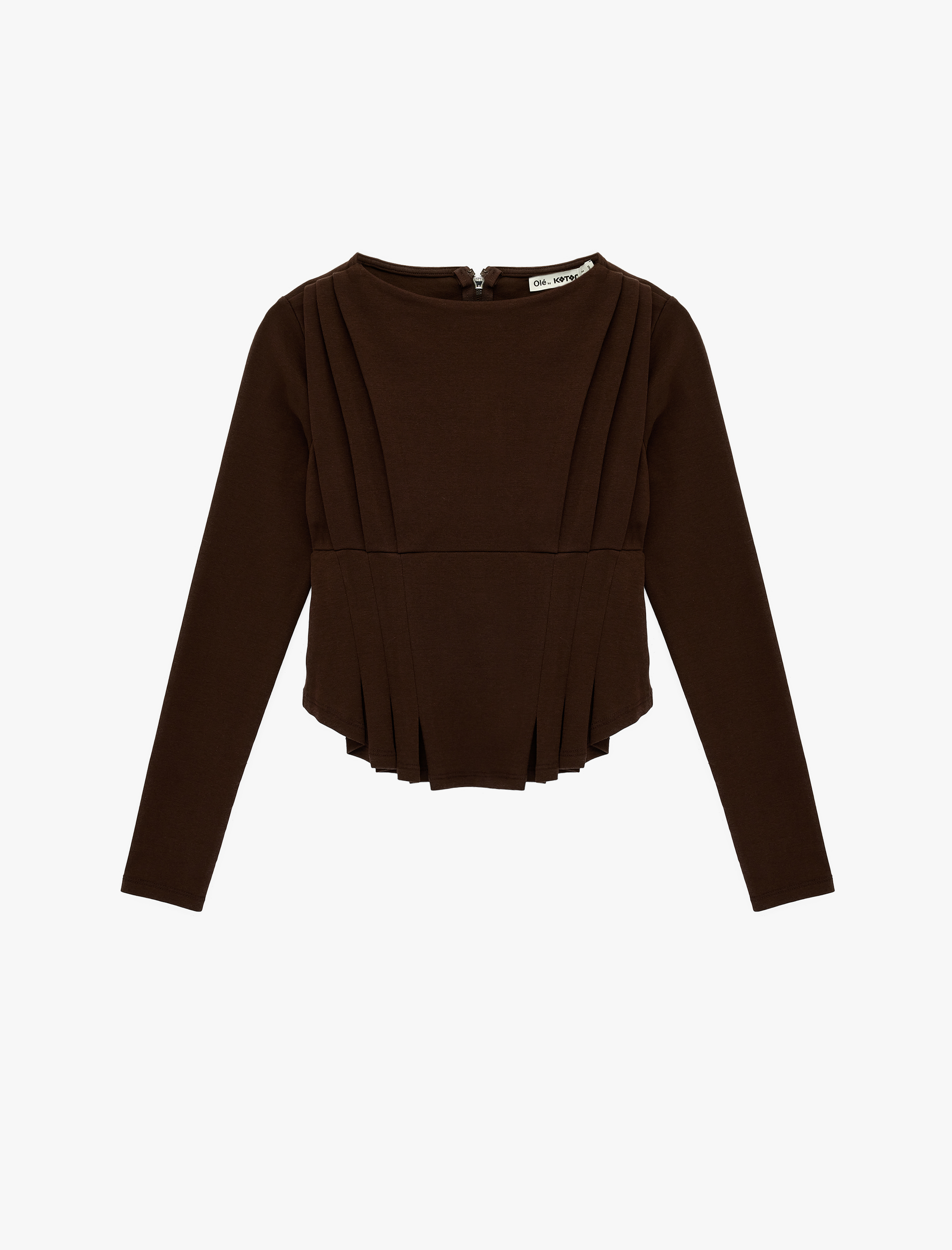   Pile Detaylı Uzun Kollu Pamuklu Slim Fit Kayık Yaka Tişört