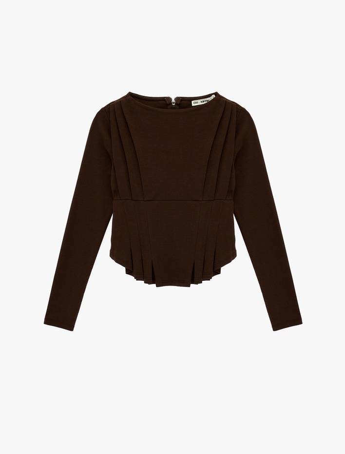  Pile Detaylı Uzun Kollu Pamuklu Slim Fit Kayık Yaka Tişört