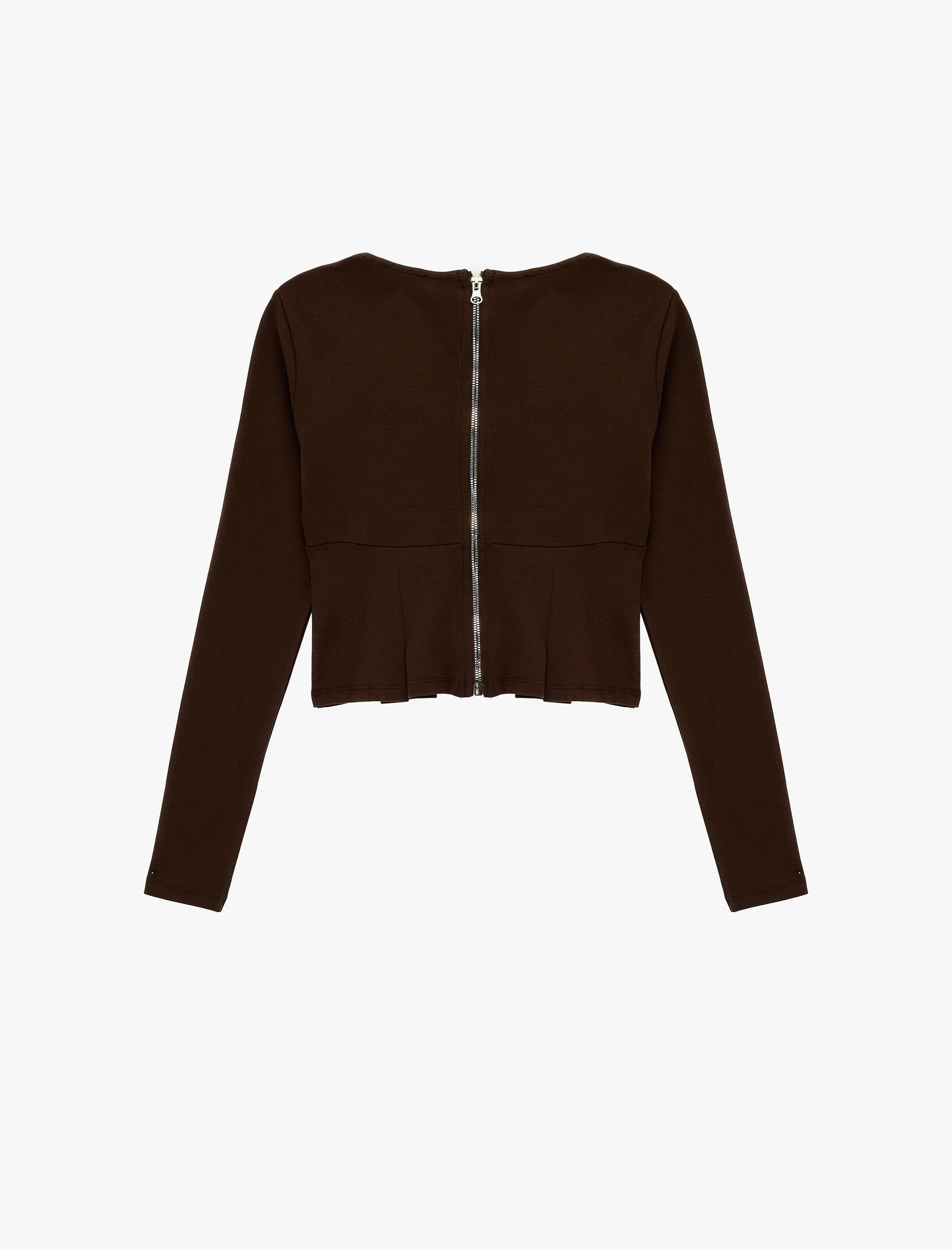   Pile Detaylı Uzun Kollu Pamuklu Slim Fit Kayık Yaka Tişört