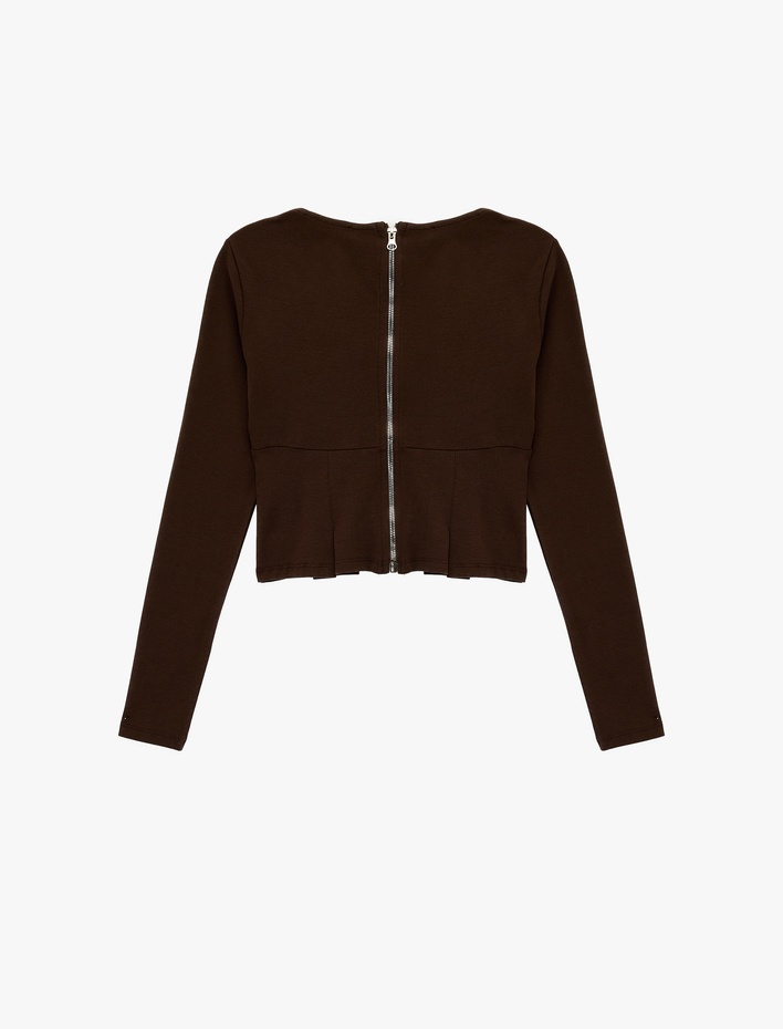  Pile Detaylı Uzun Kollu Pamuklu Slim Fit Kayık Yaka Tişört