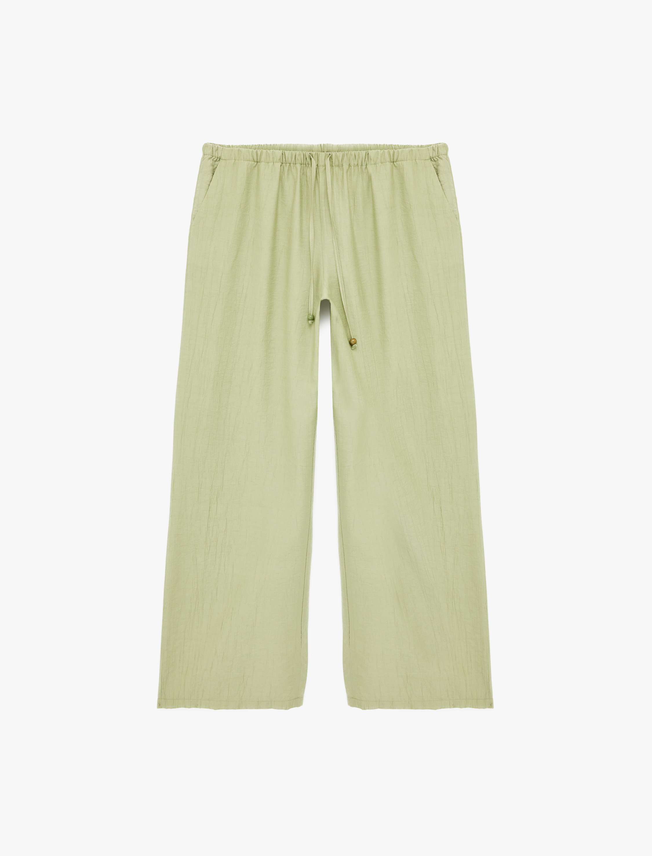   Viskon Kumaş Cepli Beli Lastikli Düz Bol Paça Pantolon