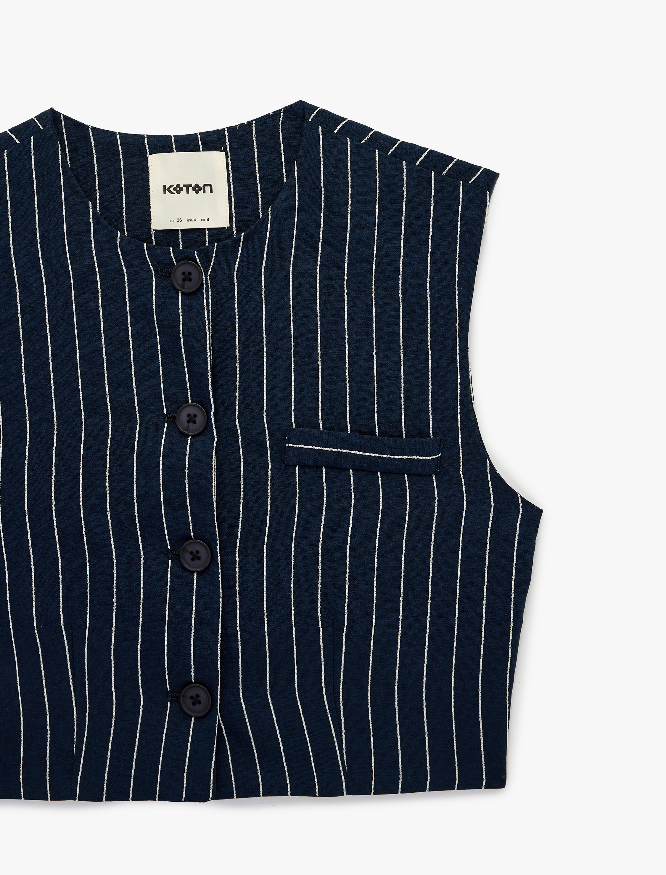   Düğmeli Bisiklet Yaka Çizgili Crop Blazer Yelek