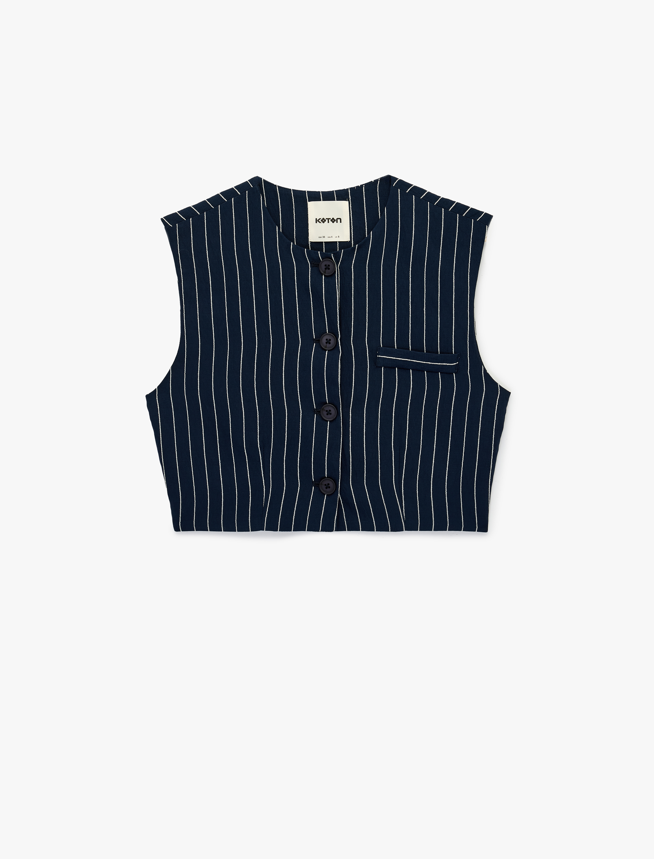   Düğmeli Bisiklet Yaka Çizgili Crop Blazer Yelek