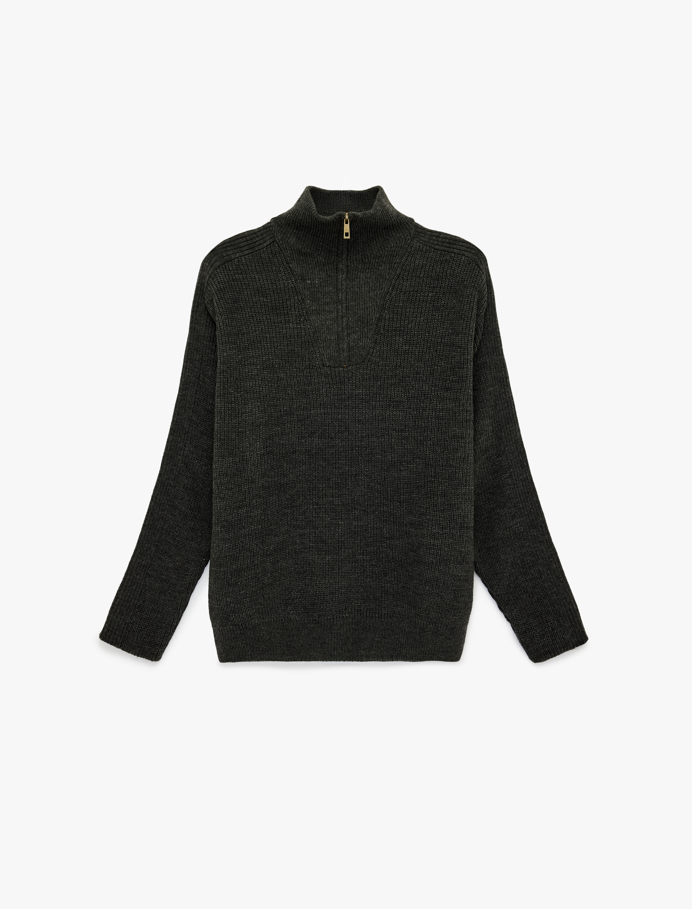   Regular Fit Uzun Kollu Yaka Detaylı Yarım Fermuarlı Triko Kazak