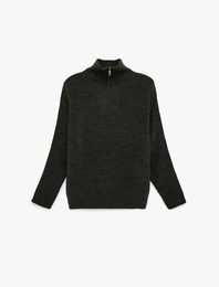 Regular Fit Uzun Kollu Yaka Detaylı Yarım Fermuarlı Triko Kazak