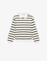 Cepli Çizgili Düğmeli Uzun Kollu Polo Yaka Rahat Kalıp Sweatshirt