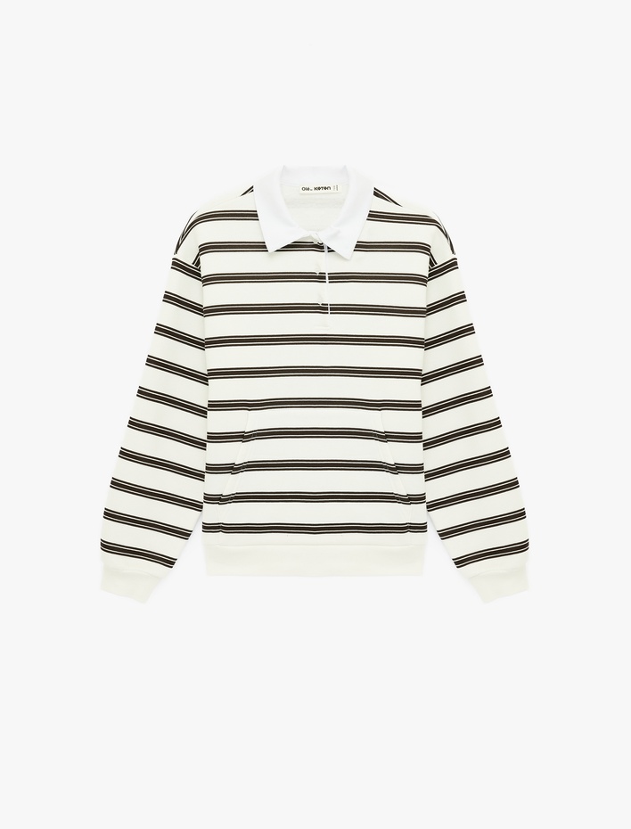  Cepli Çizgili Düğmeli Uzun Kollu Polo Yaka Rahat Kalıp Sweatshirt