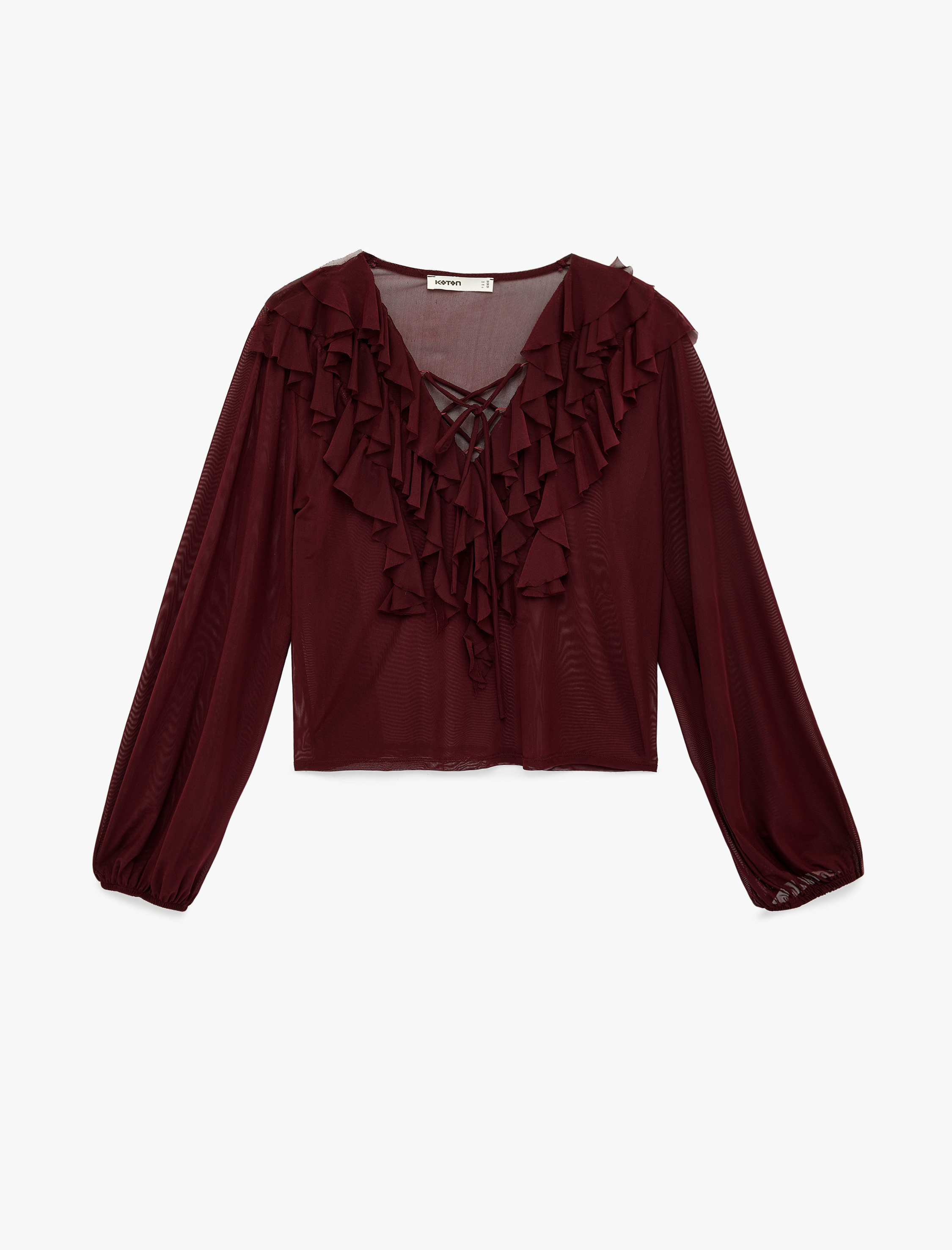   Uzun Kollu V Yaka Fırfırlı Şifon Bluz