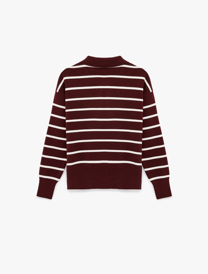  Çizgili Uzun Kollu Polo Yaka Triko Kazak