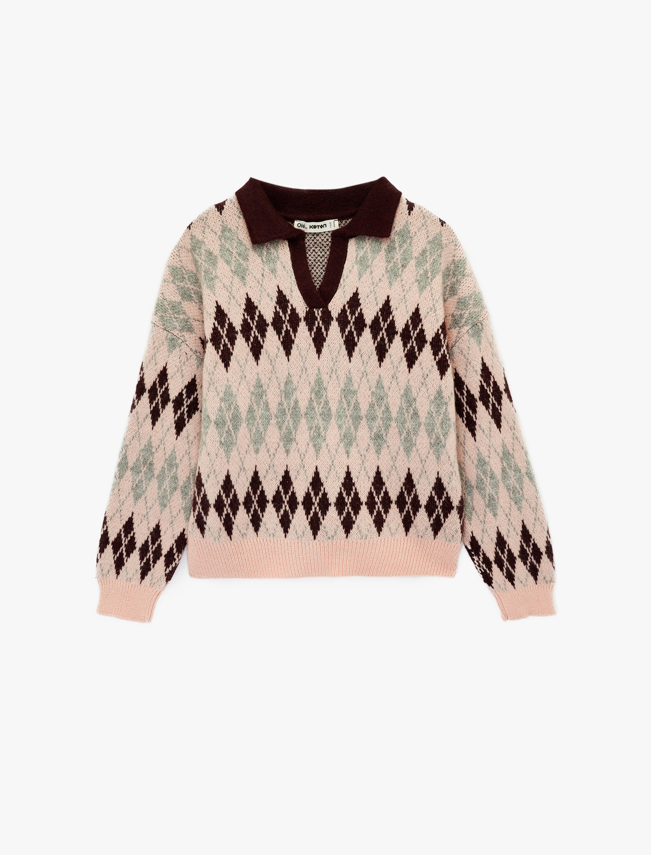   Uzun Kollu Baklava Desenli Polo Yaka Triko Kazak