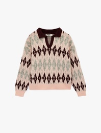 Uzun Kollu Baklava Desenli Polo Yaka Triko Kazak