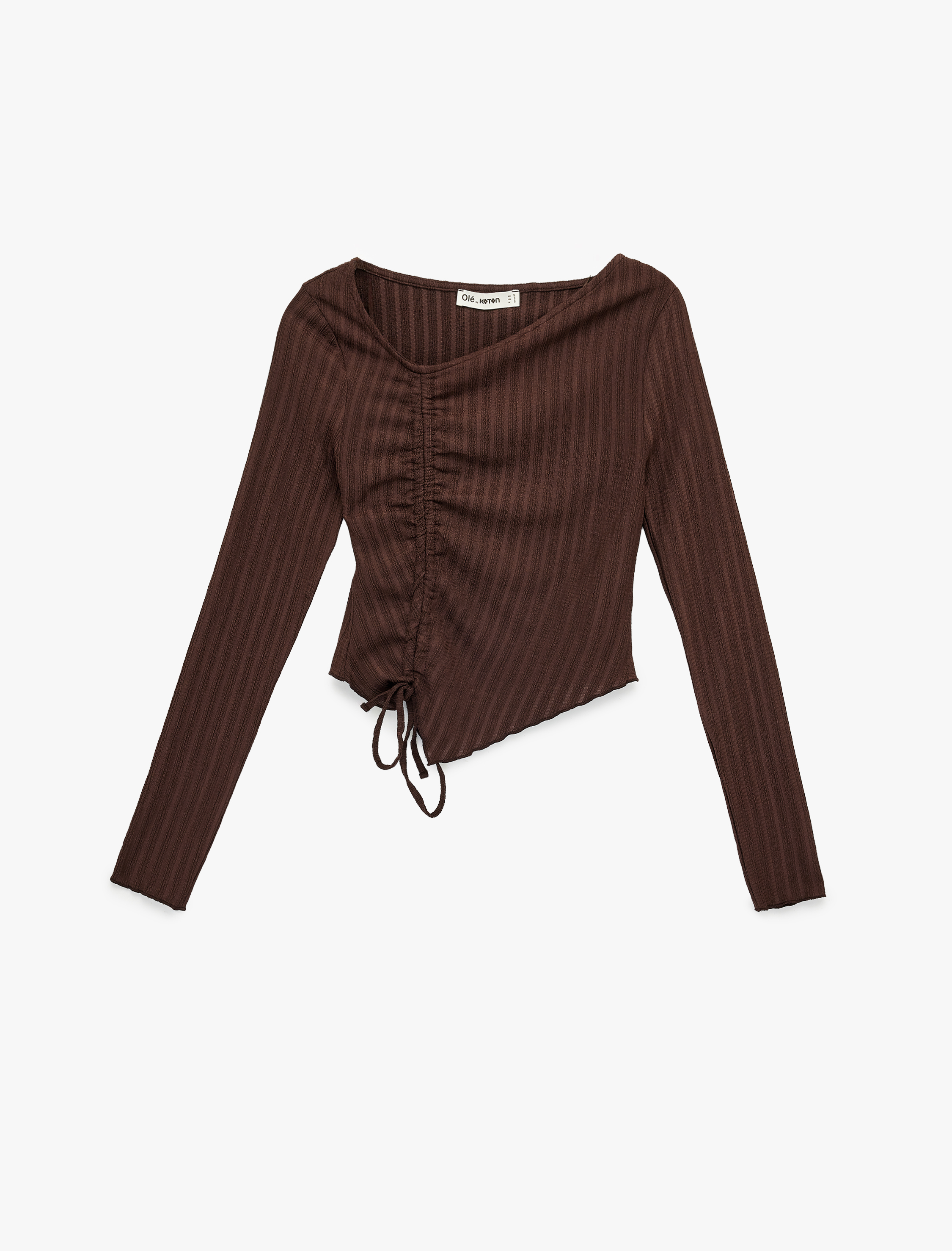   Asimetrik Yaka Büzgülü Slim Fit Uzun Kollu Tişört