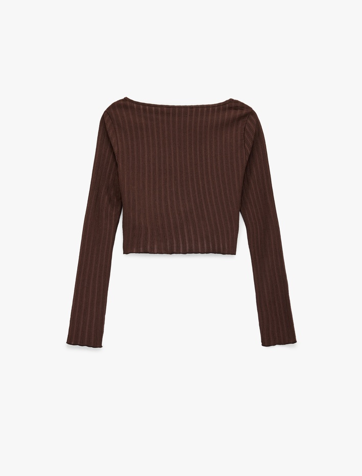  Asimetrik Yaka Büzgülü Slim Fit Uzun Kollu Tişört