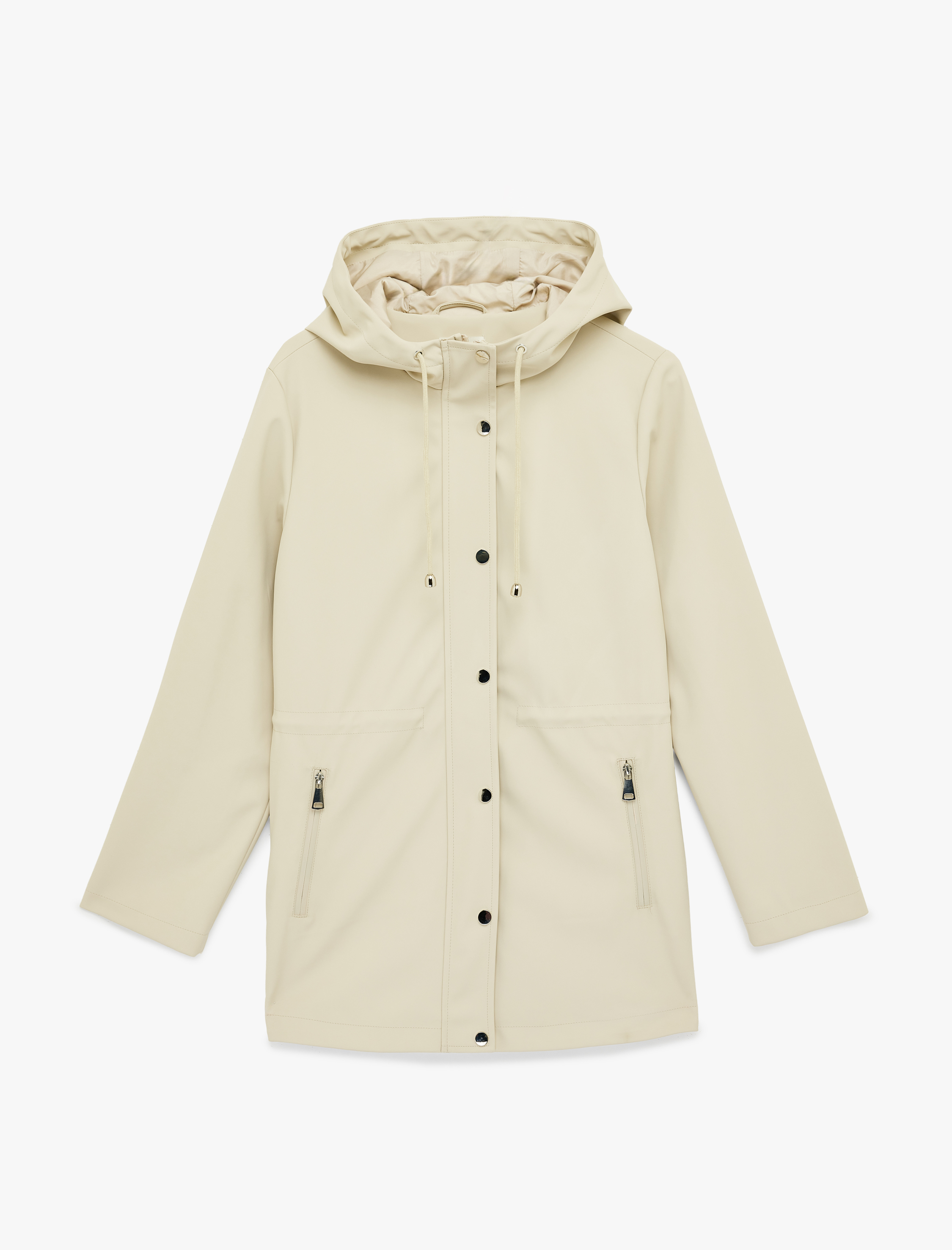   Uzun Kollu Cepli Fermuarlı Düğme Detaylı Kapüşonlu Yağmurluk