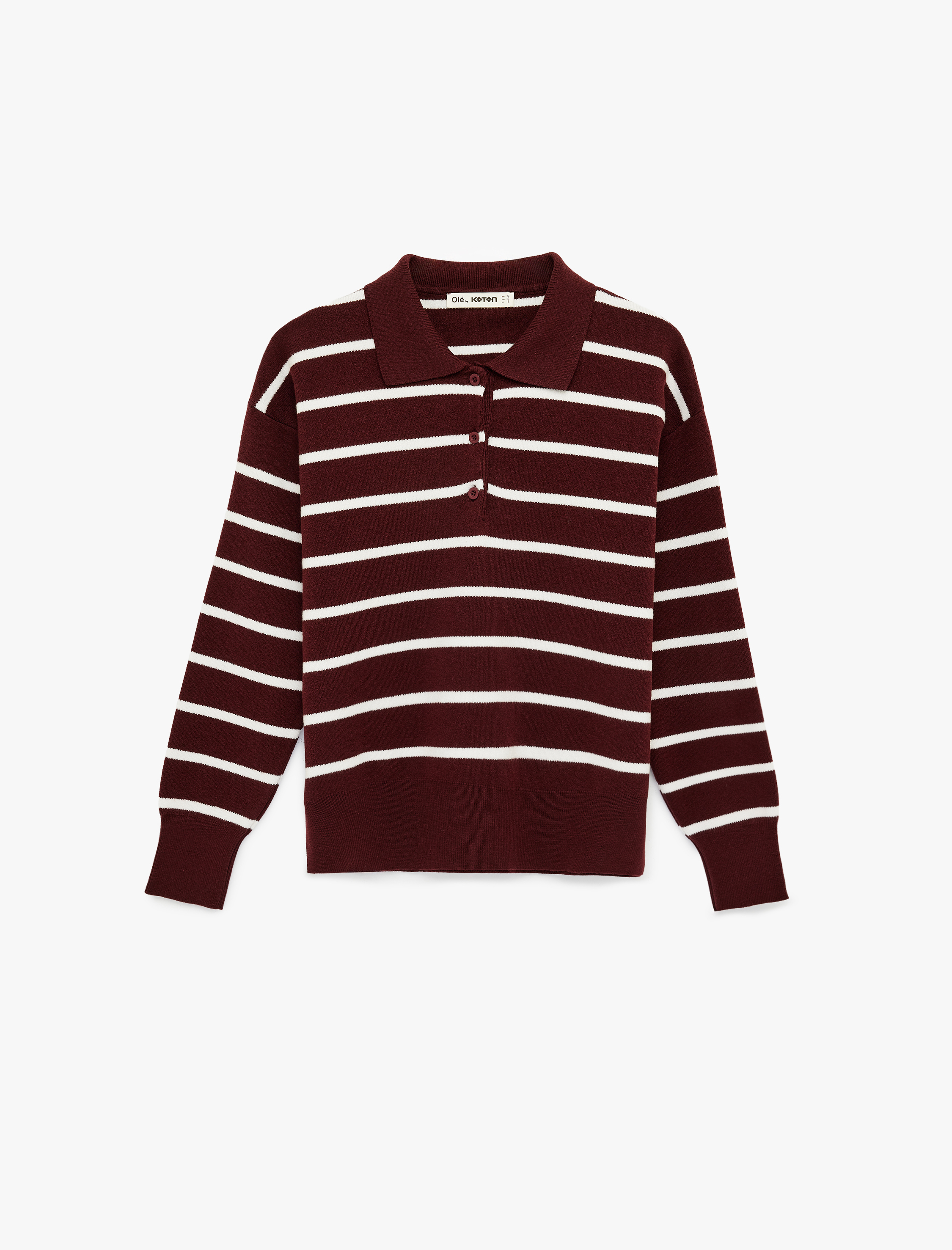   Çizgili Uzun Kollu Polo Yaka Triko Kazak