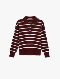 Çizgili Uzun Kollu Polo Yaka Triko Kazak