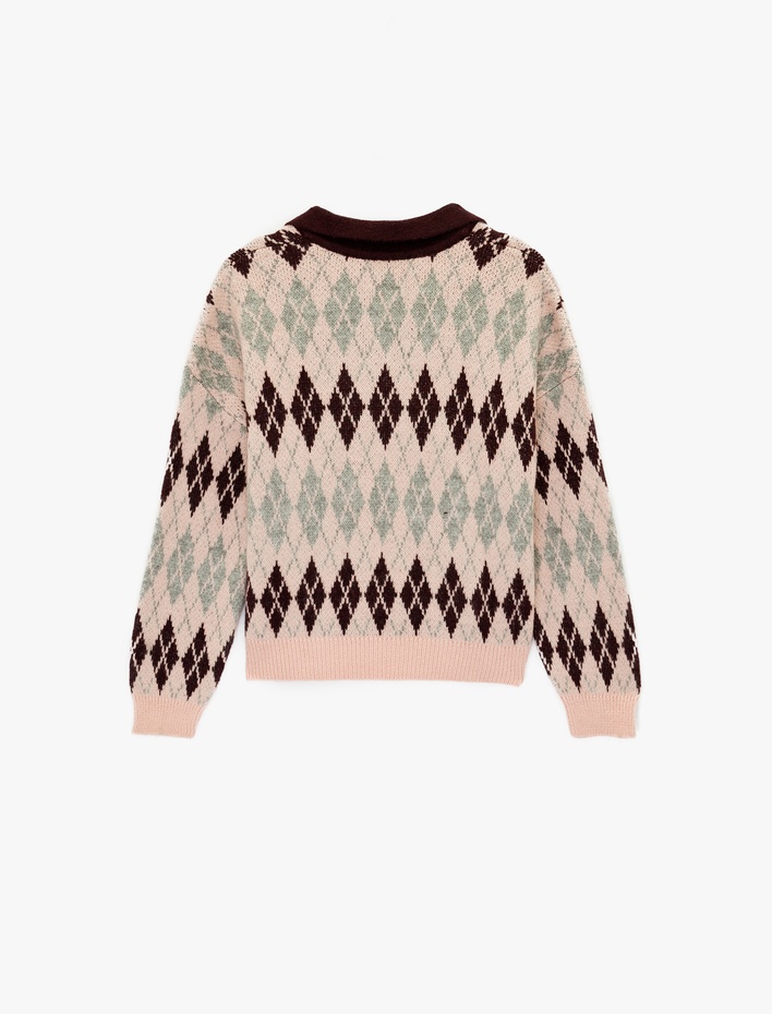  Uzun Kollu Baklava Desenli Polo Yaka Triko Kazak