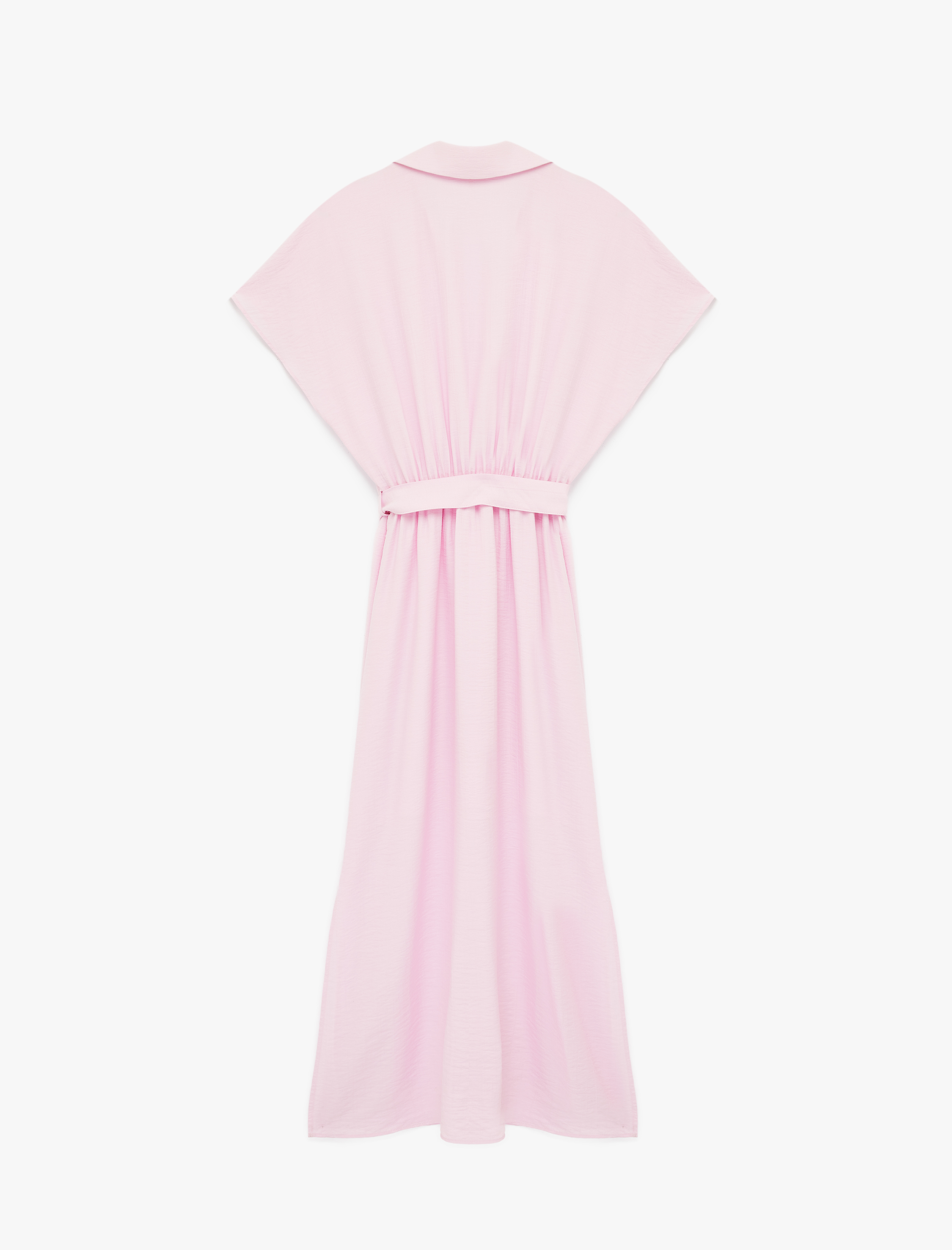   Viskon Kemerli Kolsuz Düğmeli Midi Gömlek Elbise