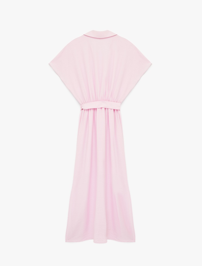  Viskon Kemerli Kolsuz Düğmeli Midi Gömlek Elbise