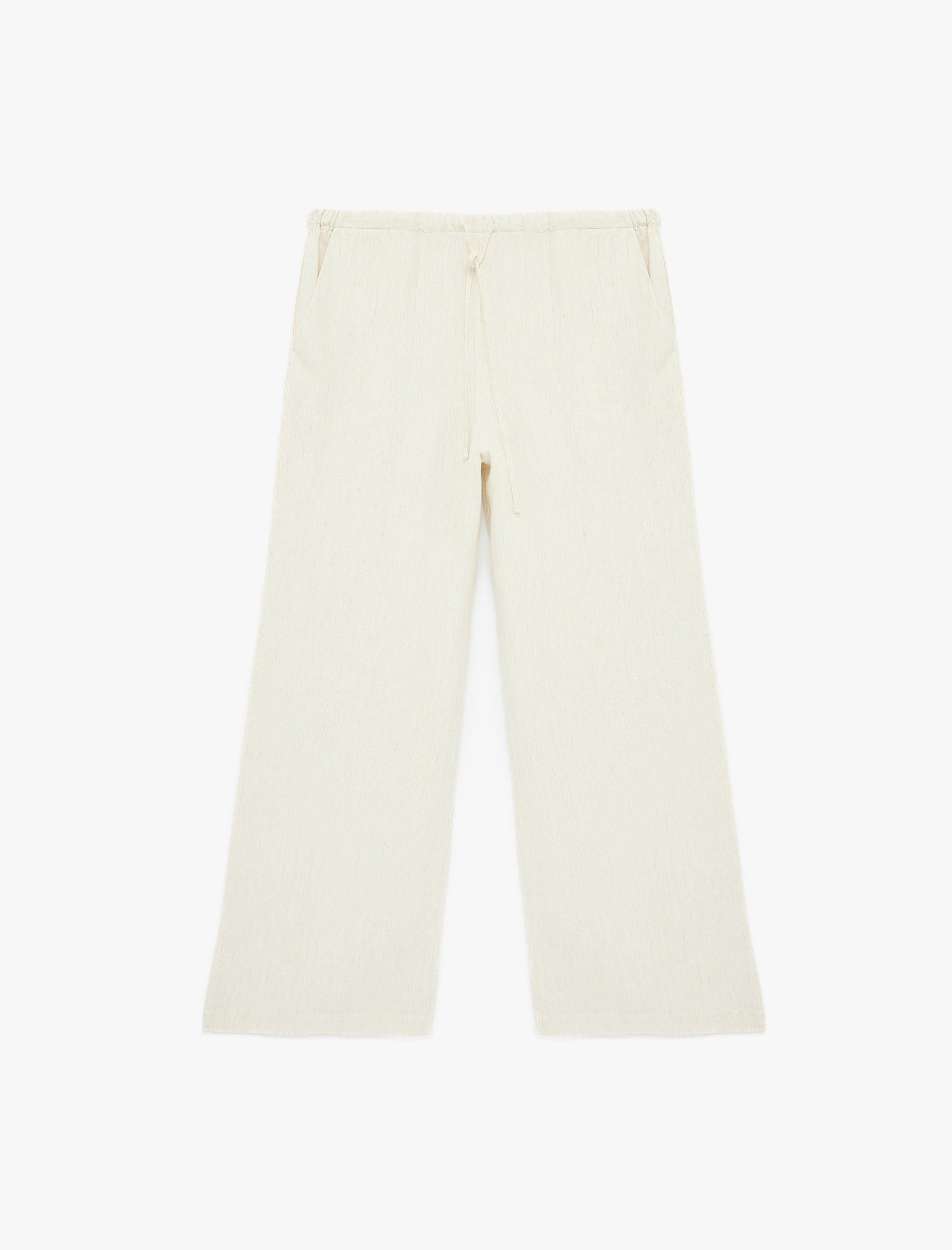   Cep Detaylı Beli Bağcıklı Geniş Paça Keten Karışımlı Pantolon