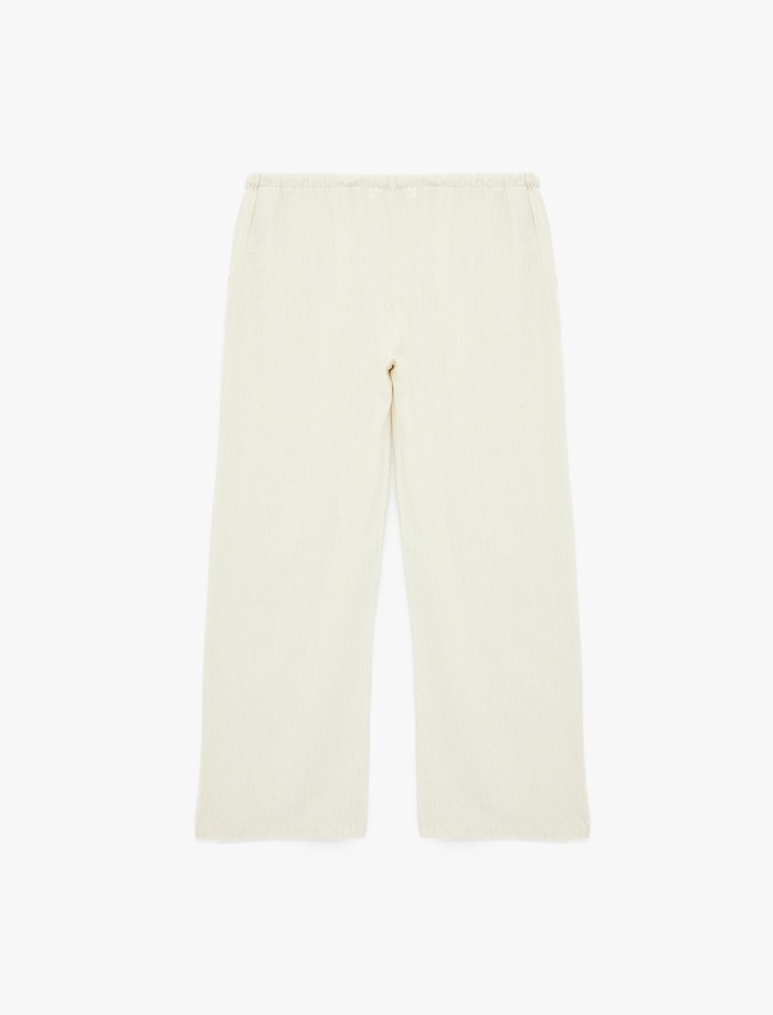  Cep Detaylı Beli Bağcıklı Geniş Paça Keten Karışımlı Pantolon