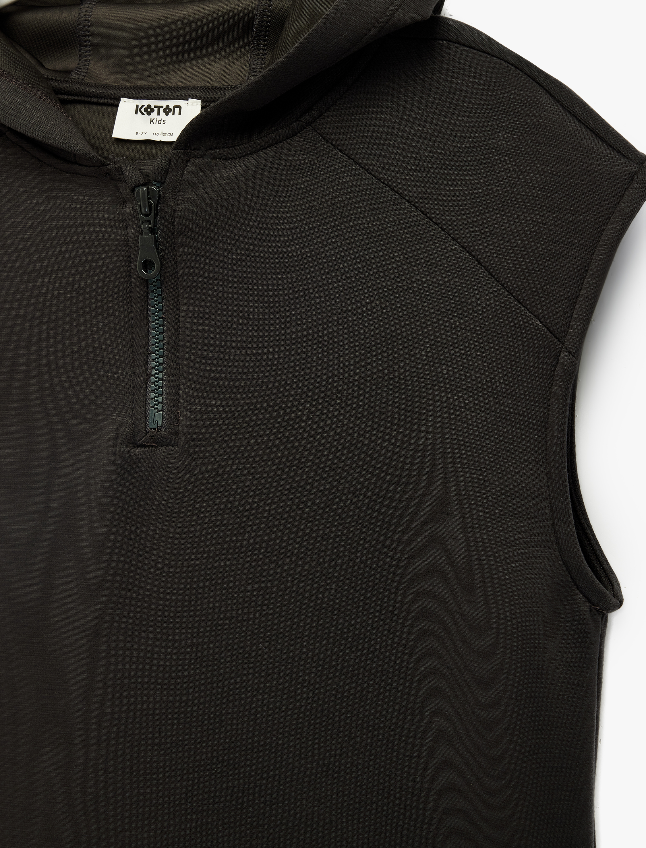  Erkek Çocuk Kolsuz Yarım Fermuarlı Viskon Karışımlı Oversize Kapüşonlu Tişört