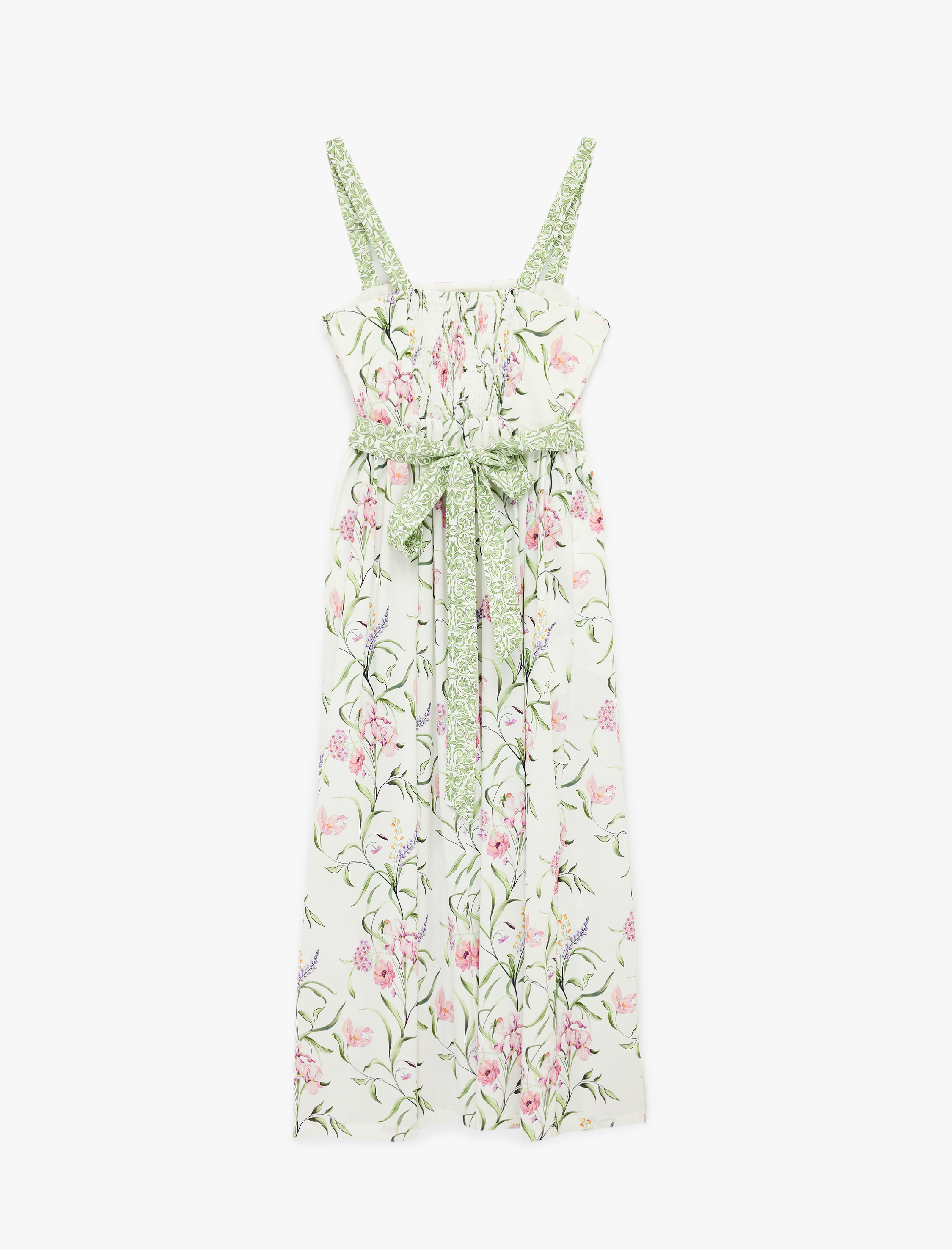   Kuşaklı Arkadan Bağlamalı Askılı Çiçekli Midi Elbise