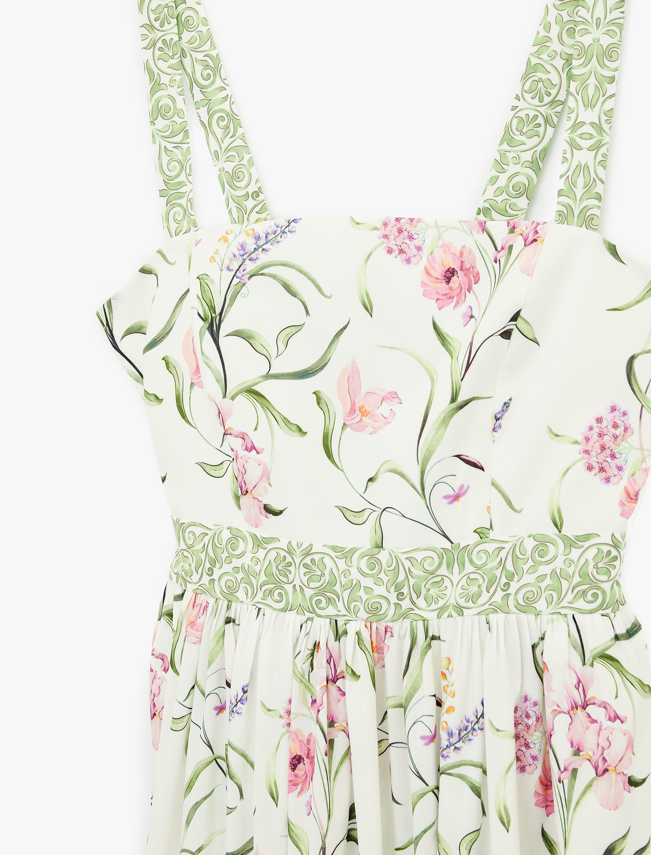   Kuşaklı Arkadan Bağlamalı Askılı Çiçekli Midi Elbise