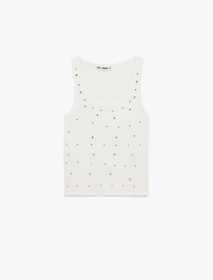  Slim Fit Taş Detaylı Kolsuz U Yaka Bluz