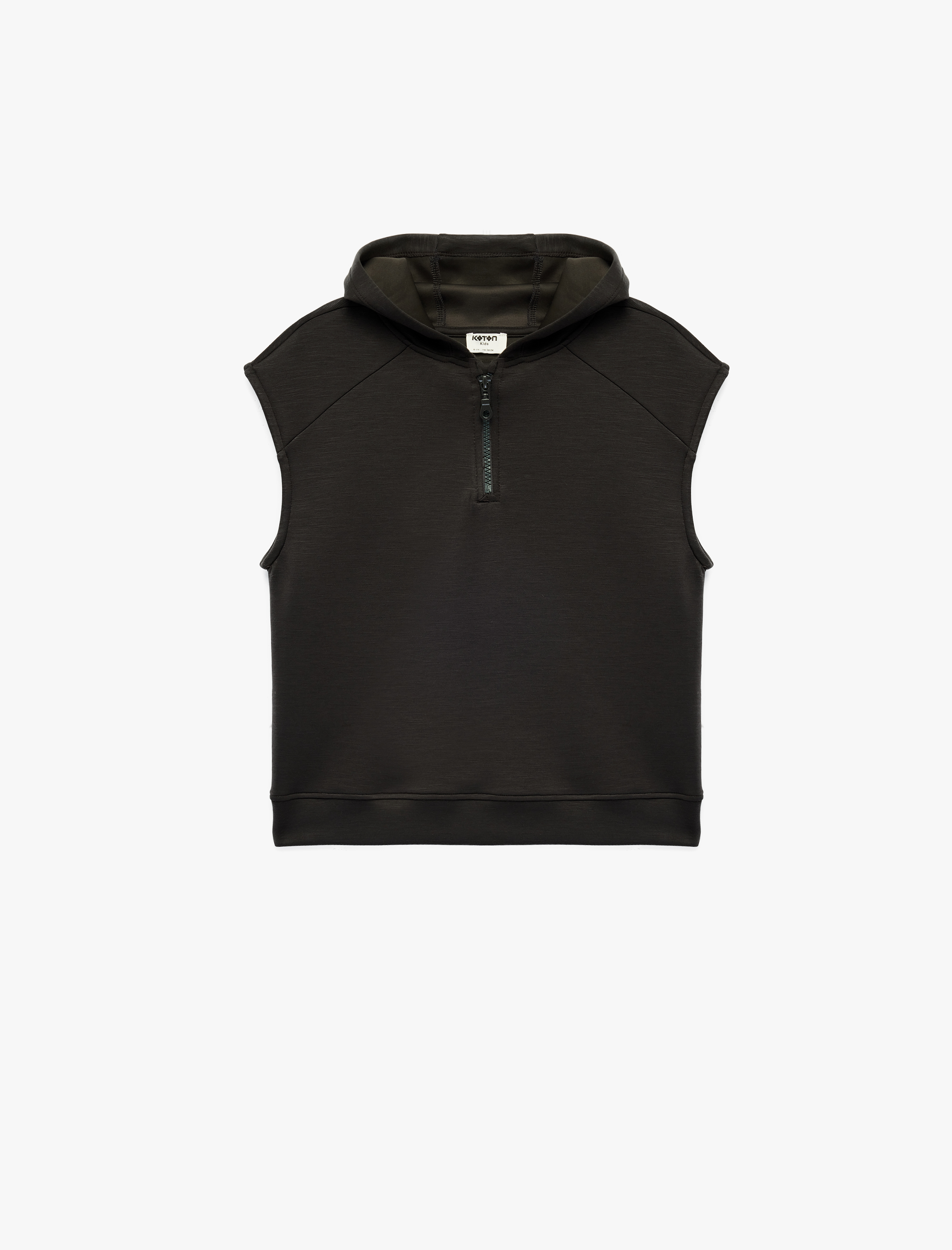  Erkek Çocuk Kolsuz Yarım Fermuarlı Viskon Karışımlı Oversize Kapüşonlu Tişört