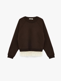 Dantel Detaylı Uzun Kollu Bisiklet Yaka Oversize Sweatshirt