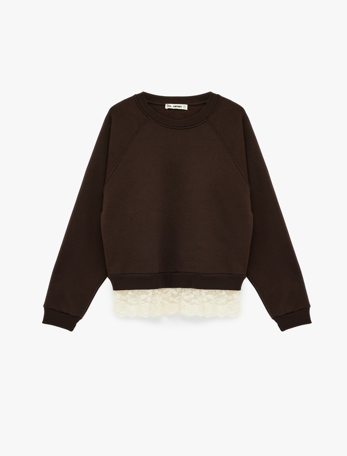  Dantel Detaylı Uzun Kollu Bisiklet Yaka Oversize Sweatshirt