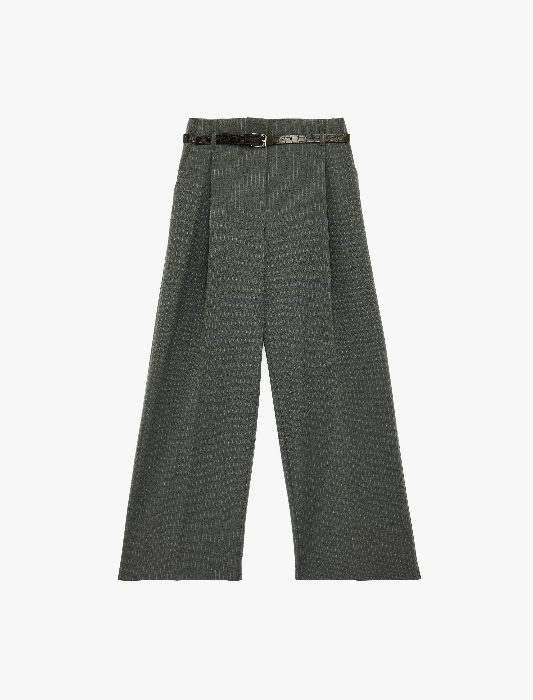   Flanel Kumaş Pile Detaylı Kemerli Çizgili Bol Paça Pantolon