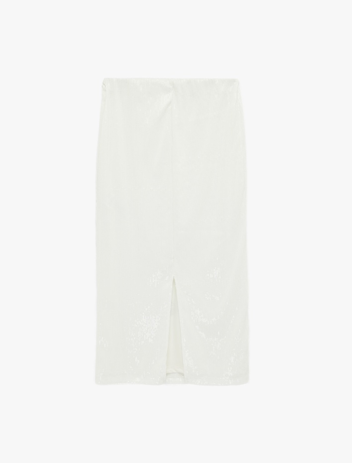  Yırtmaçlı Çiçek Desenli Pullu Payetli Midi Etek