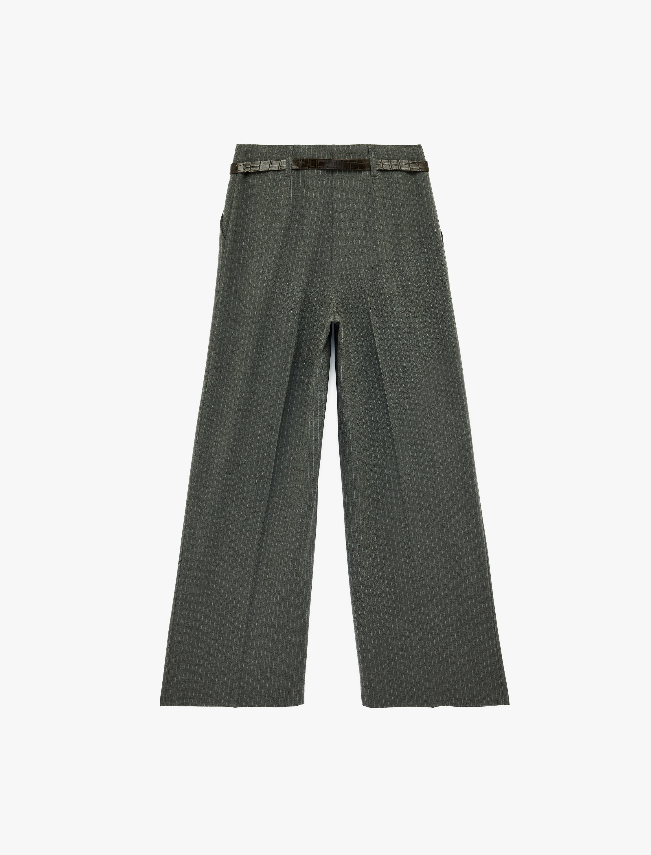   Flanel Kumaş Pile Detaylı Kemerli Çizgili Bol Paça Pantolon