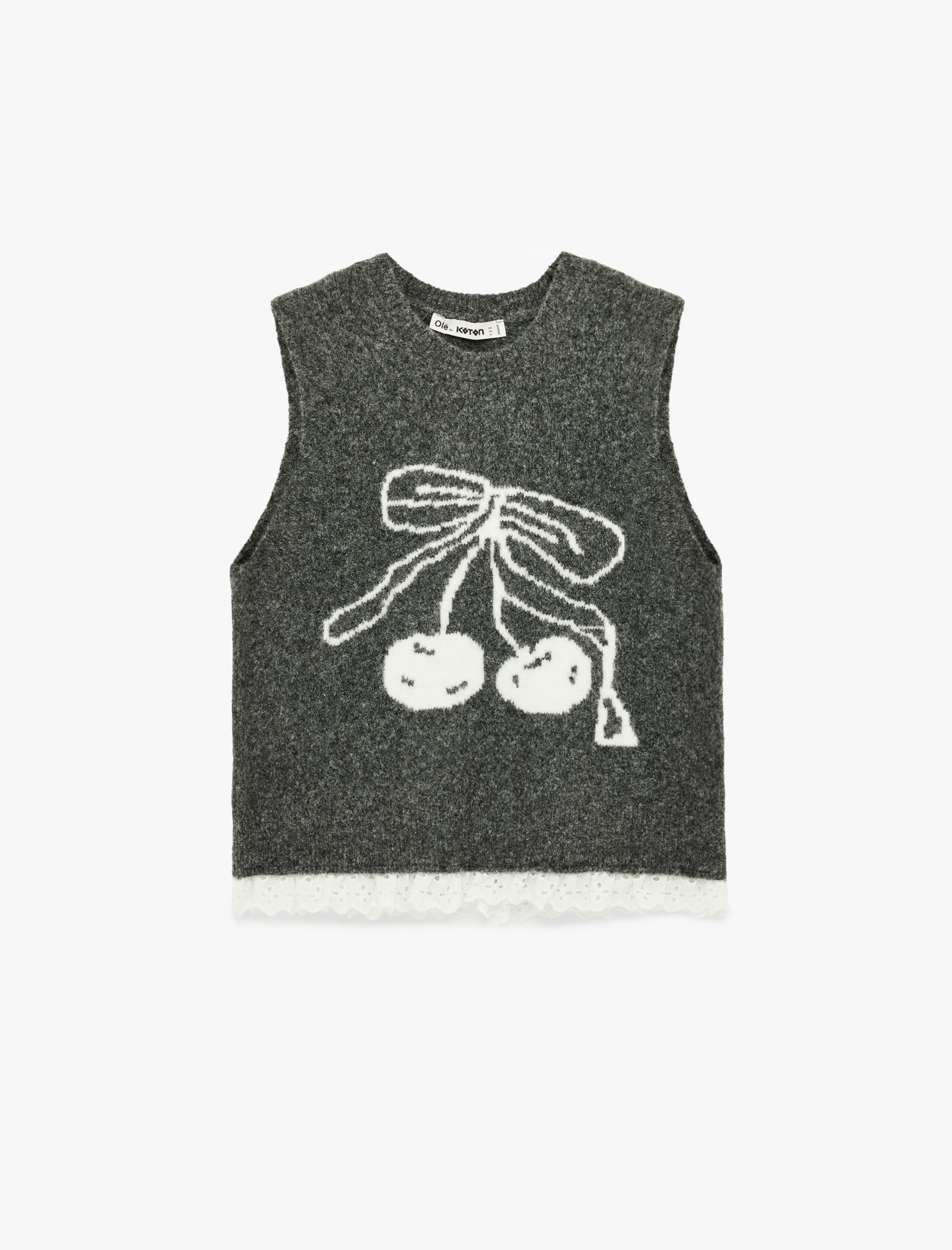   Kolsuz Bisiklet Yaka Koyun Yünü Karışımlı Kiraz Desenli Triko Süveter