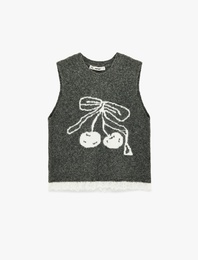 Kolsuz Bisiklet Yaka Koyun Yünü Karışımlı Kiraz Desenli Triko Süveter