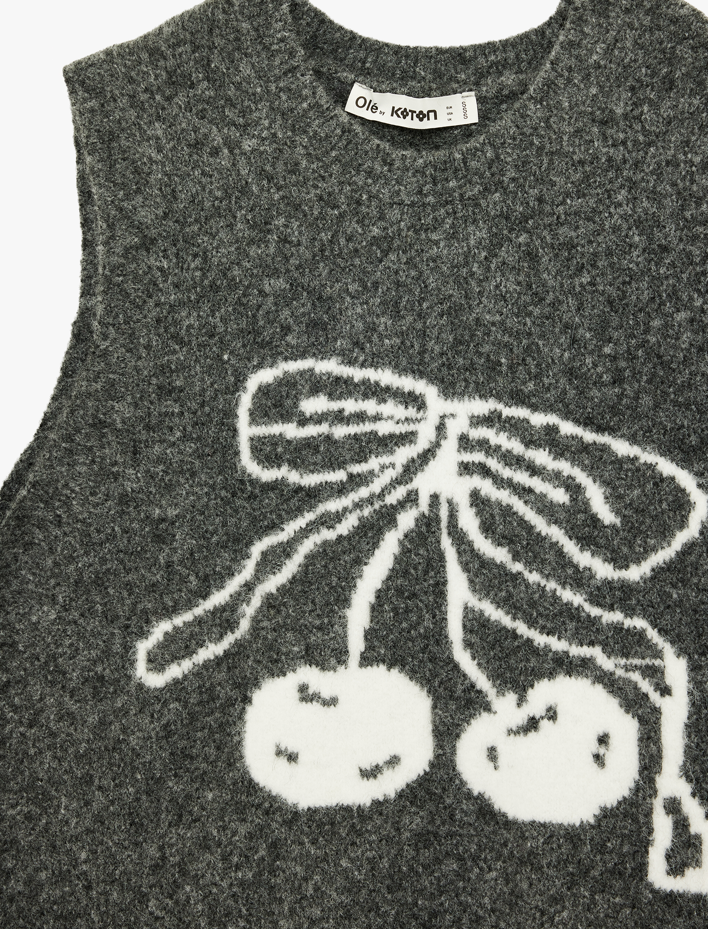   Kolsuz Bisiklet Yaka Koyun Yünü Karışımlı Kiraz Desenli Triko Süveter