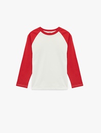 Pamuklu Renk Bloklu Uzun Kollu Bisiklet Yaka Tişört