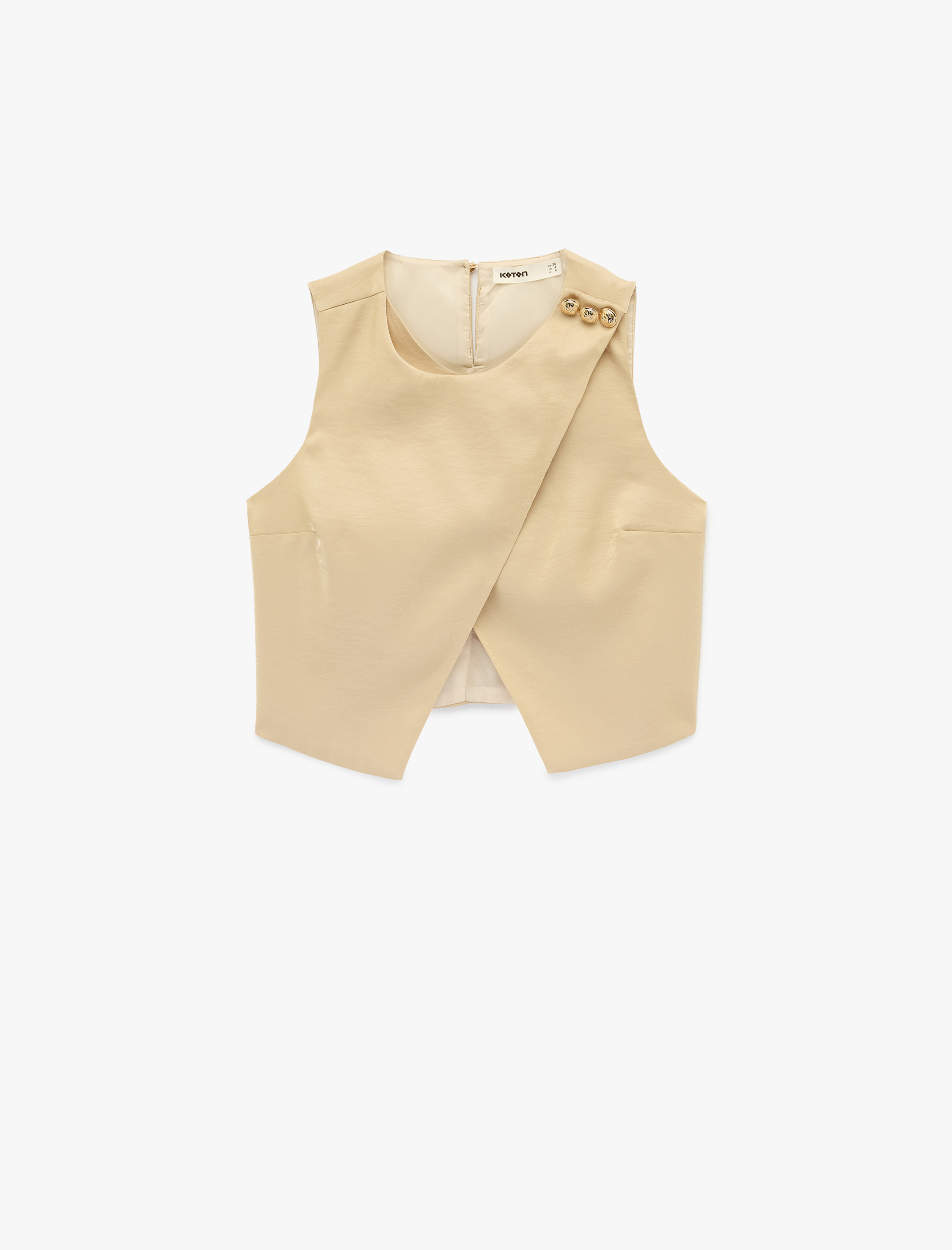   Yuvarlak Yaka Aksesuar Detaylı Asimetrik Kesim Saten Yelek