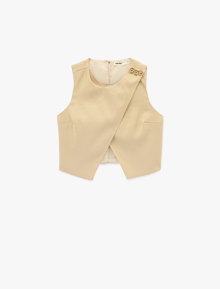  Yuvarlak Yaka Aksesuar Detaylı Asimetrik Kesim Saten Yelek